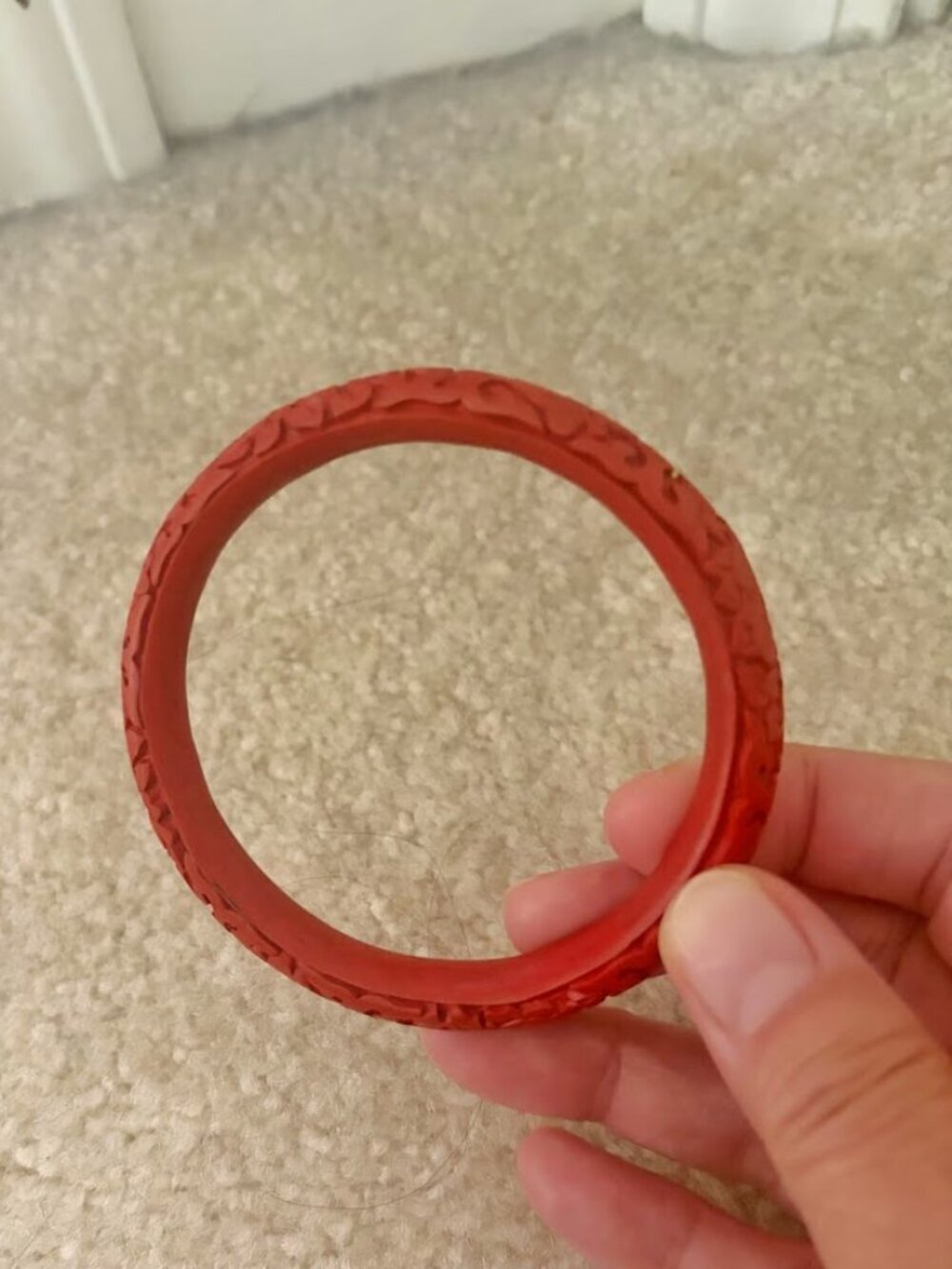 Vintage Thin Red Cinnabar Etched Floral Carved Scrollwork Bangle Bracelet